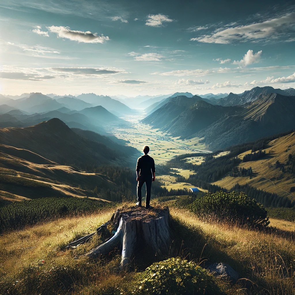 Scenic mountain landscape with a person overlooking a valley